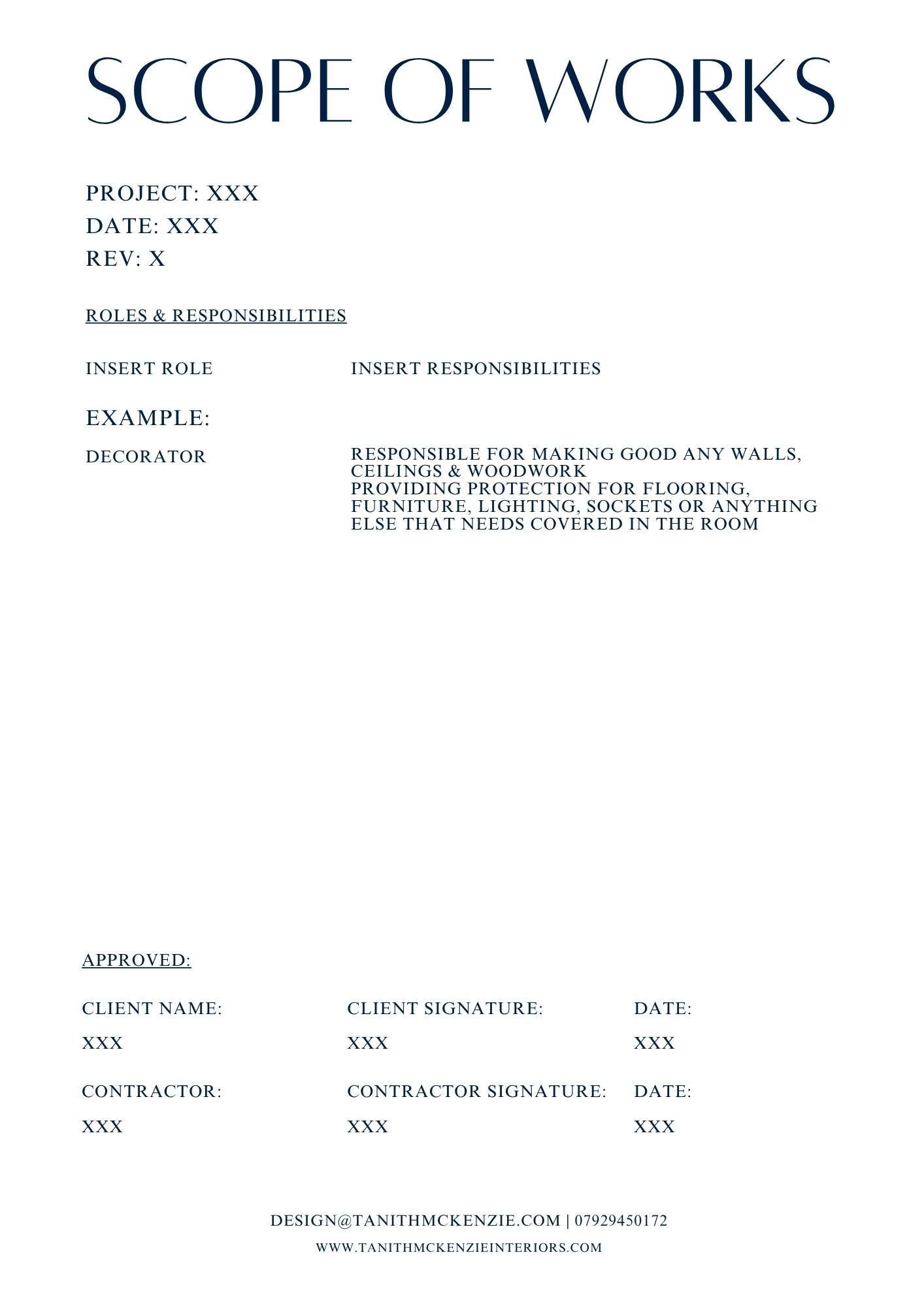 Scope of Works, Completed by an Interior Designer